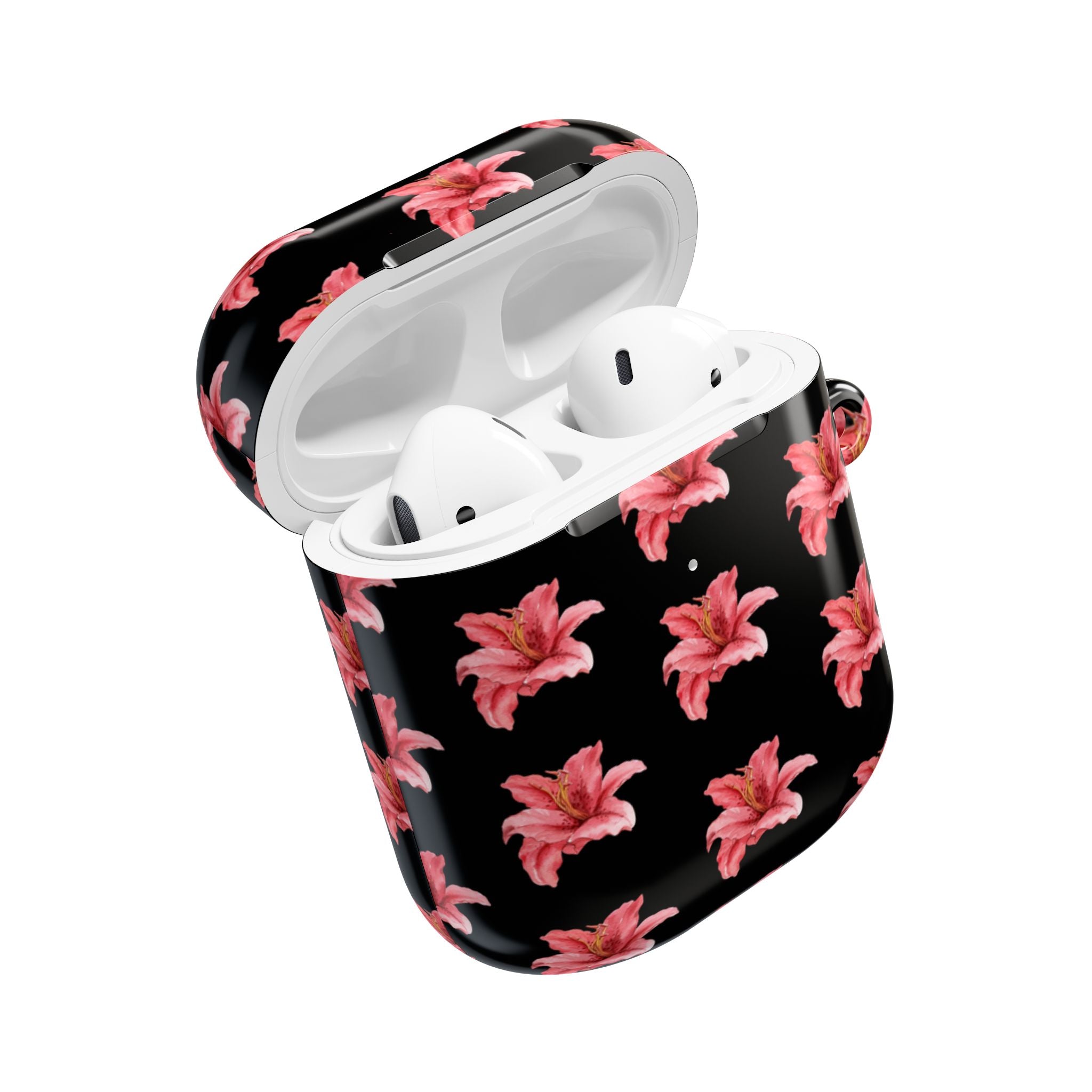 Pink Flower AirPod Case — Black Patterned Protective Cover