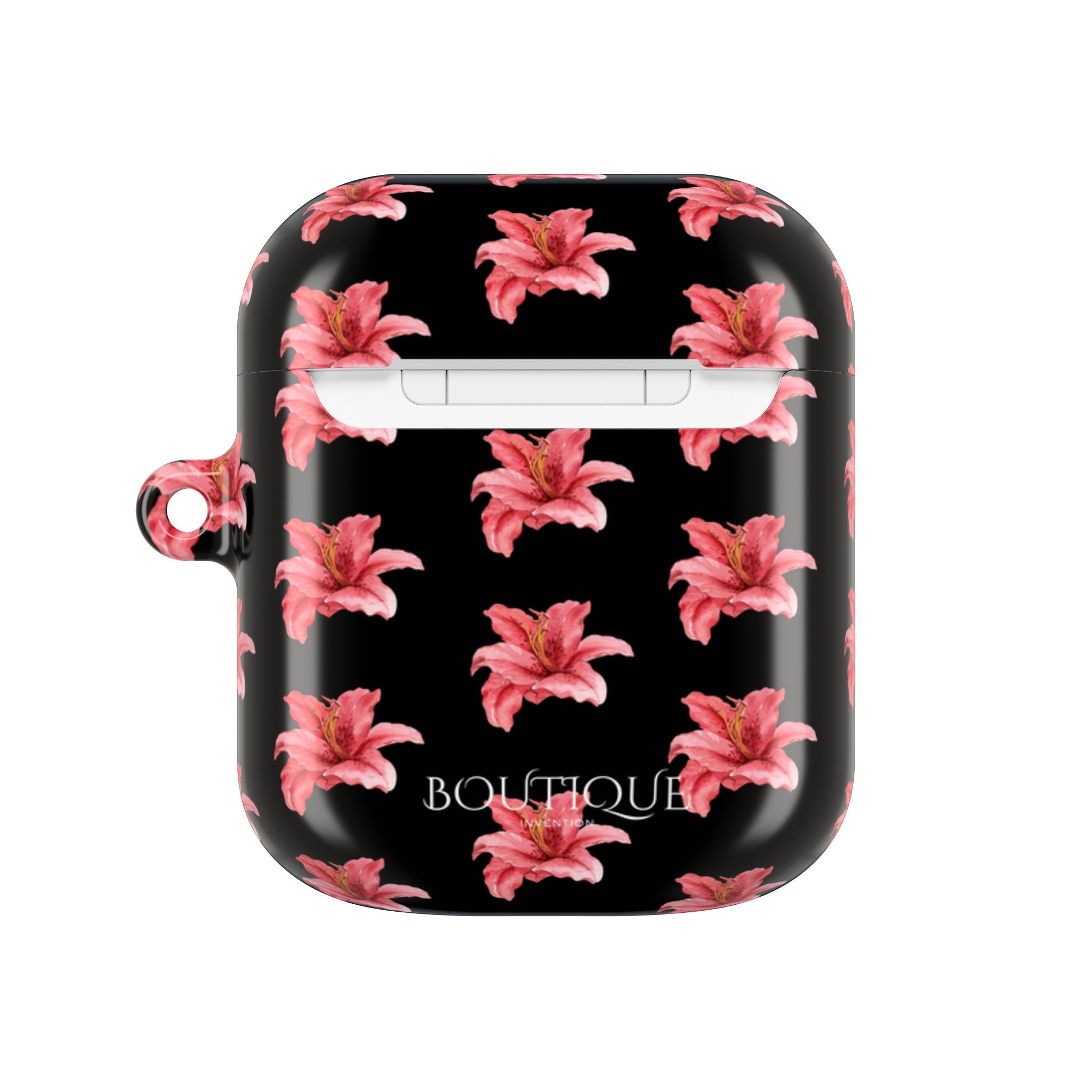 Pink Flower AirPod Case — Black Patterned Protective Cover